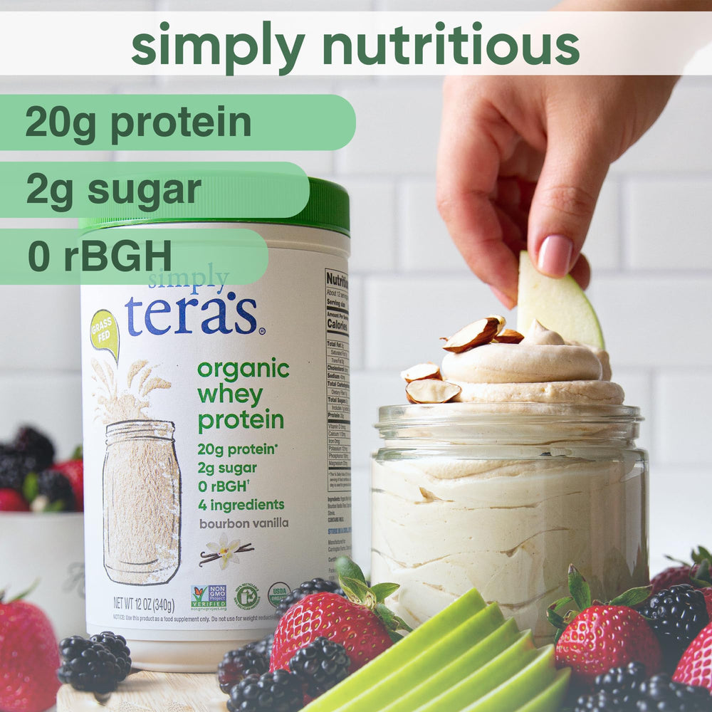 Simply Tera's vanilla smoothie-ready whey powder for quick nutrition.