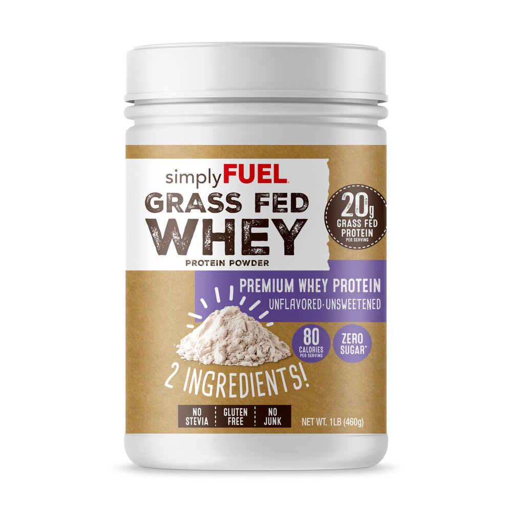 simplyFUEL whey protein powder bag—grass-fed, clean ingredients for daily fueling.