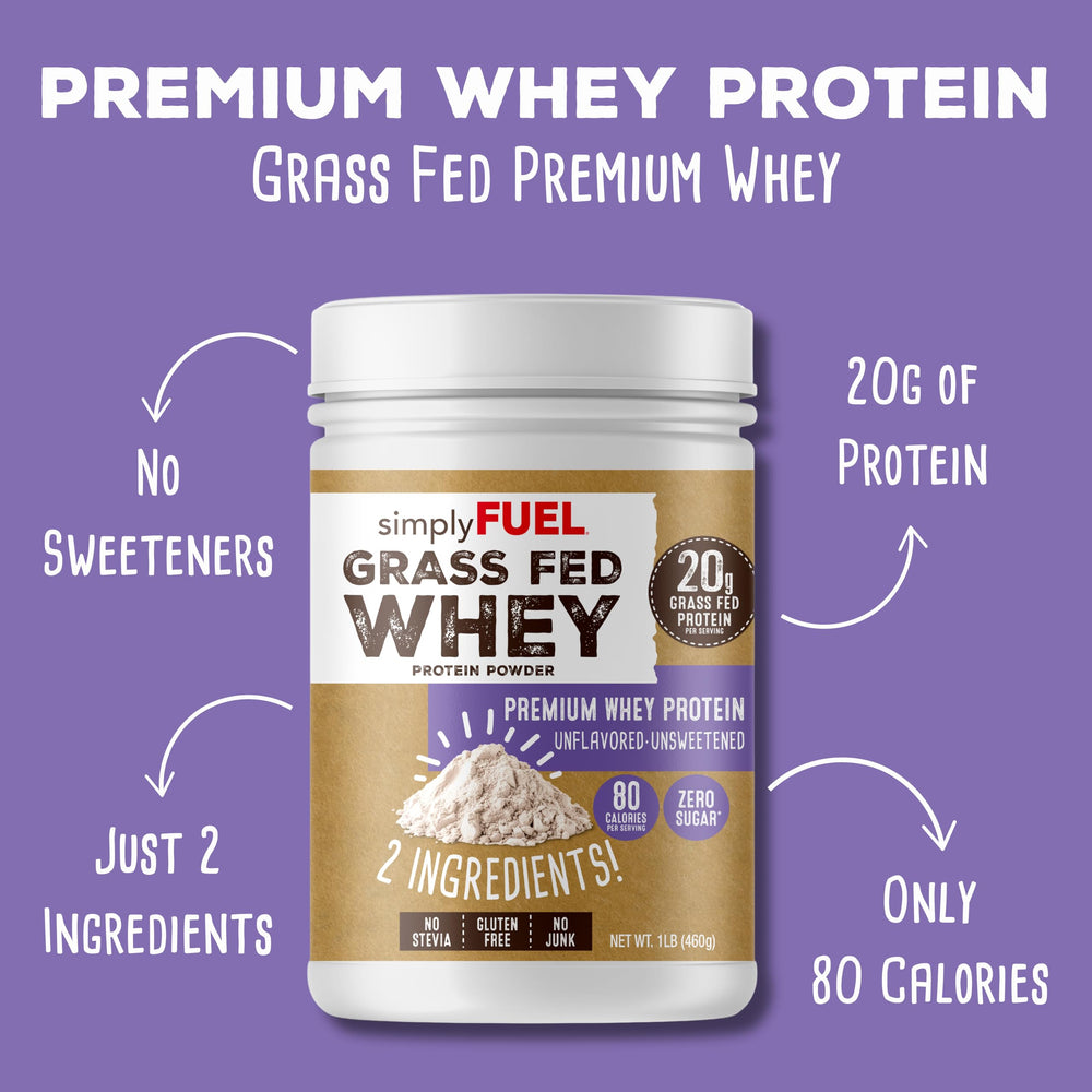 simplyFUEL whey protein scoop—precise 20 g protein per serving for convenient fueling.