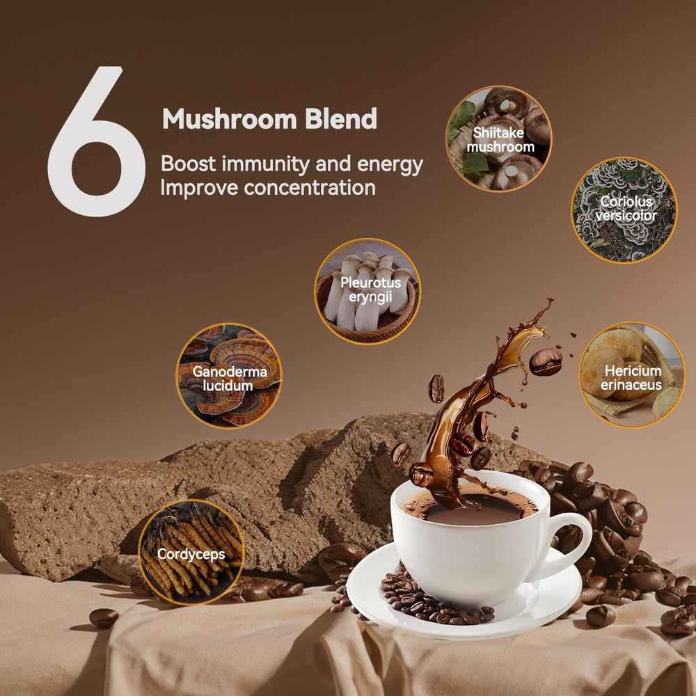 Arrangement of 30 single-serve mushroom coffee packets.