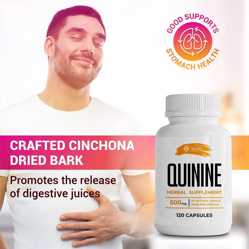 Digestive health support graphic with Quinine capsules