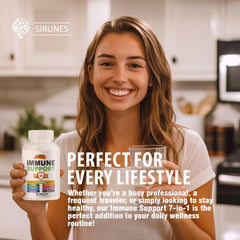 Lifestyle shot of SIRUNES Immune Booster on a kitchen counter with glass of water