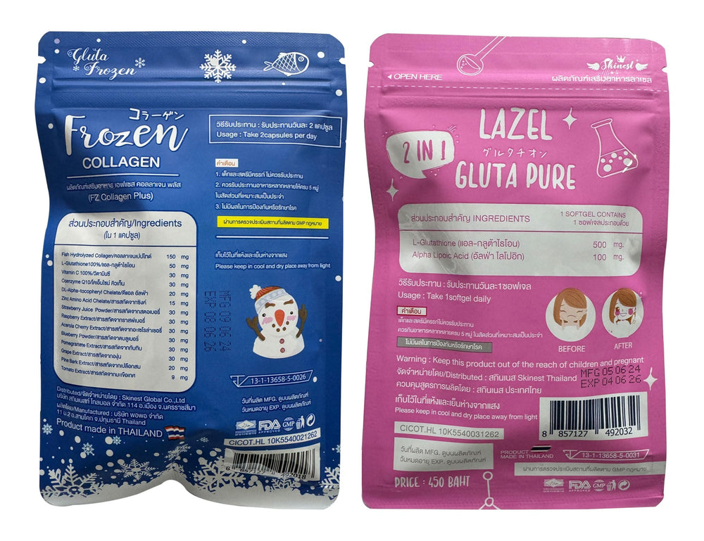 Frozen Collagen and Lazel Gluta Frozen 2 Packs bottles and capsules