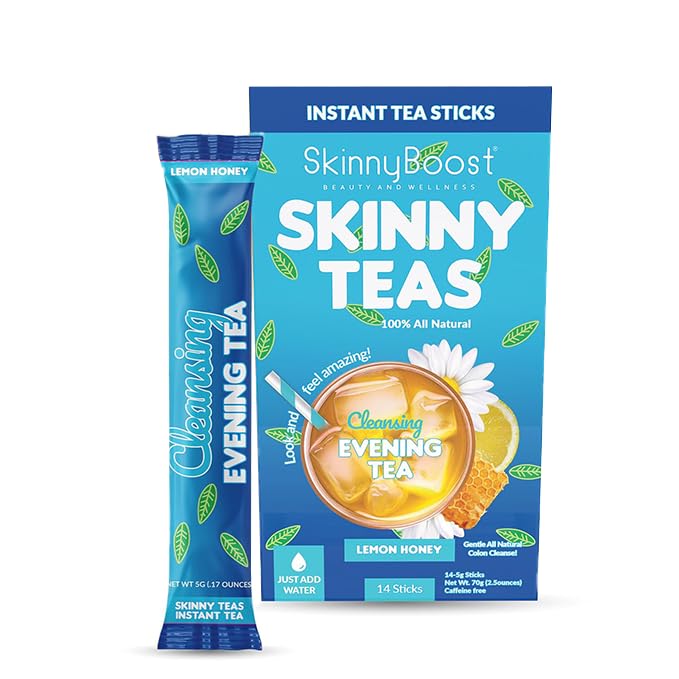 SkinnyBoost cleansing evening tea pack front view for a relaxing nightly detox ritual.
