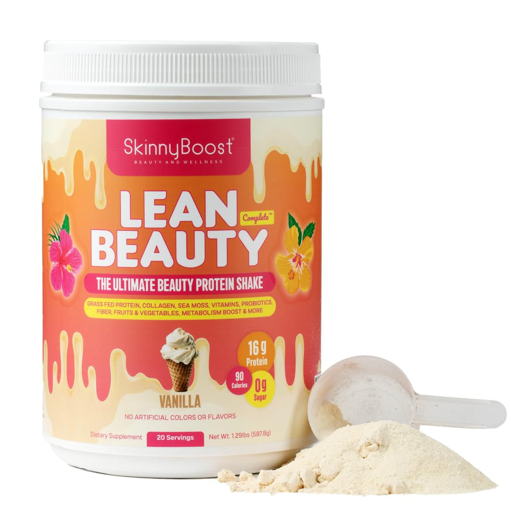 SkinnyBoost Lean Beauty bottle pour shows vanilla shake for daily beauty nutrition.