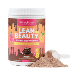 SkinnyBoost Lean Beauty chocolate shake pours into a glass, highlighting a meal-replacement option