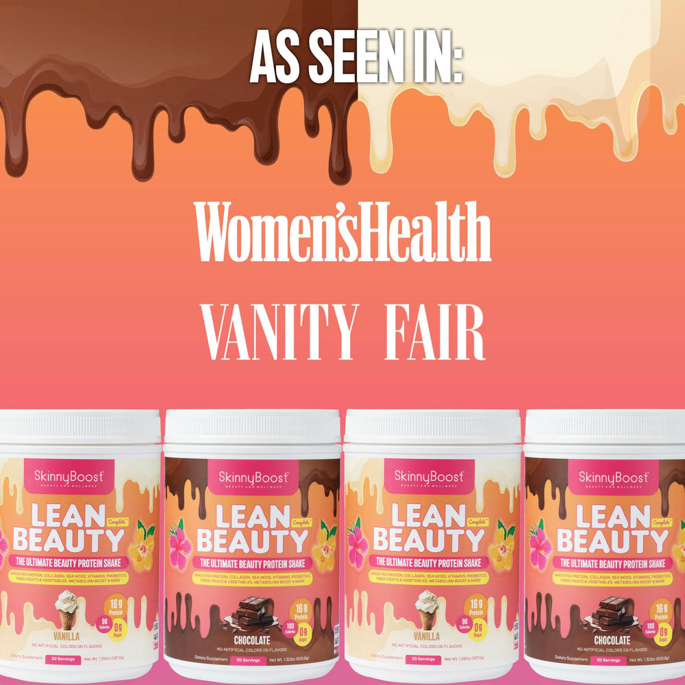 SkinnyBoost Lean Beauty jar and scoop ready for daily protein and nutrient intake