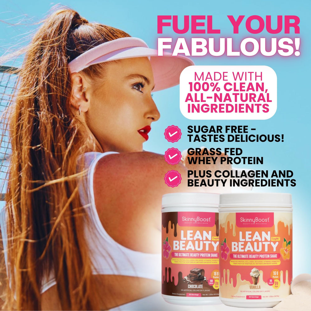 SkinnyBoost Lean Beauty on a kitchen counter with ingredients hints at a quick, balanced meal