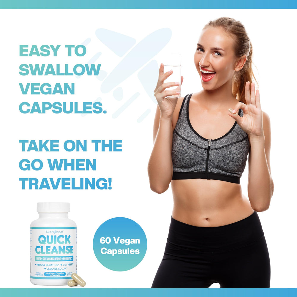 Vegan-friendly SkinnyBoost Quick Cleanse bottle with clear label