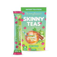 SkinnyBoost Skinny Teas Apple Cinnamon box shows natural detox blend for gentle cleansing.