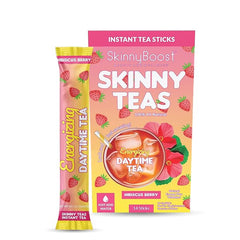 SkinnyBoost Skinny Teas Instant Tea Sticks packaging shows convenient single-serve sachets for on-the-go energy.