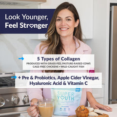 Collagen powder scoop beside a glass of water