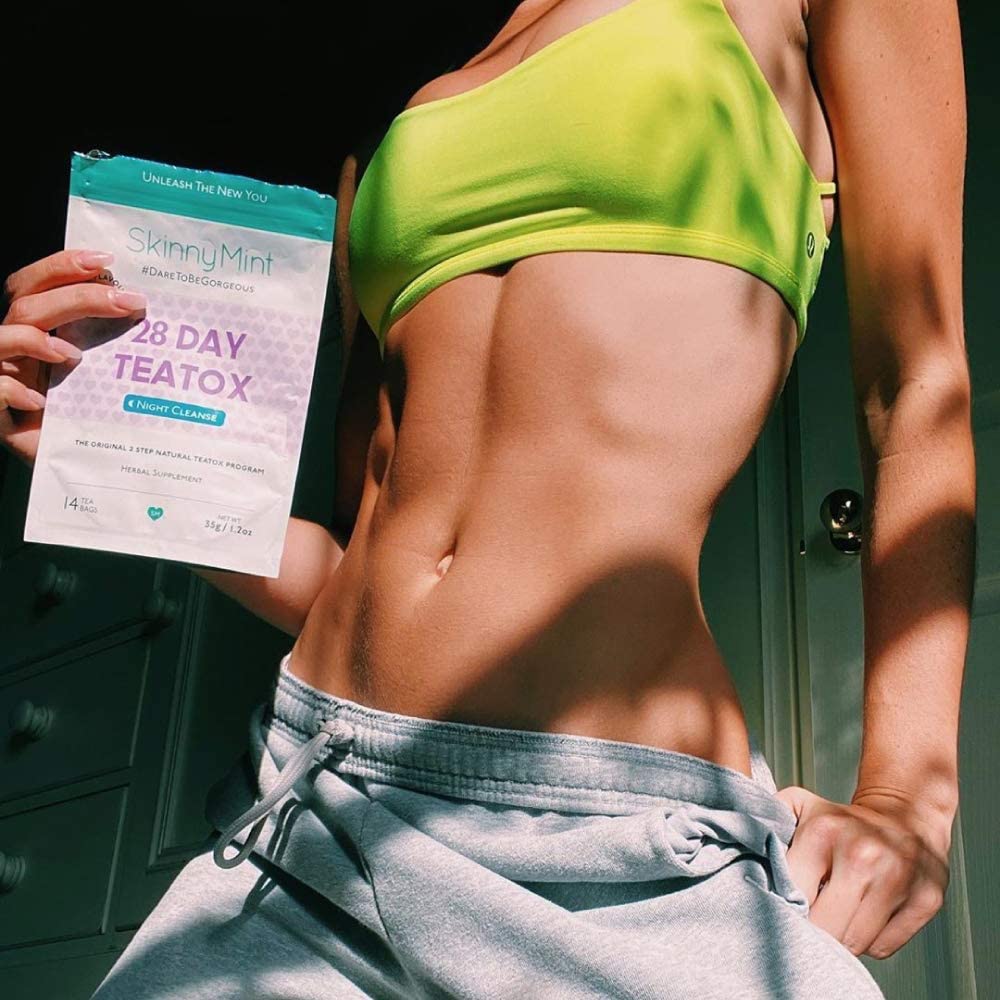 SkinnyMint all-natural detox tea blend packaging with vegan and gluten-free notes.
