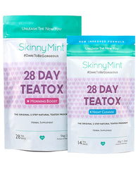 SkinnyMint Original 28 Day Tea Kit on counter for gentle detox support.