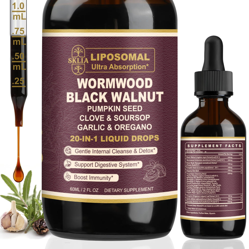 Product bottle of SKLIA 20-in-1 Liposomal Wormwood Cleanse Drops