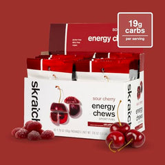 Close-up of Skratch Labs Energy Chews Sour Cherry gummies