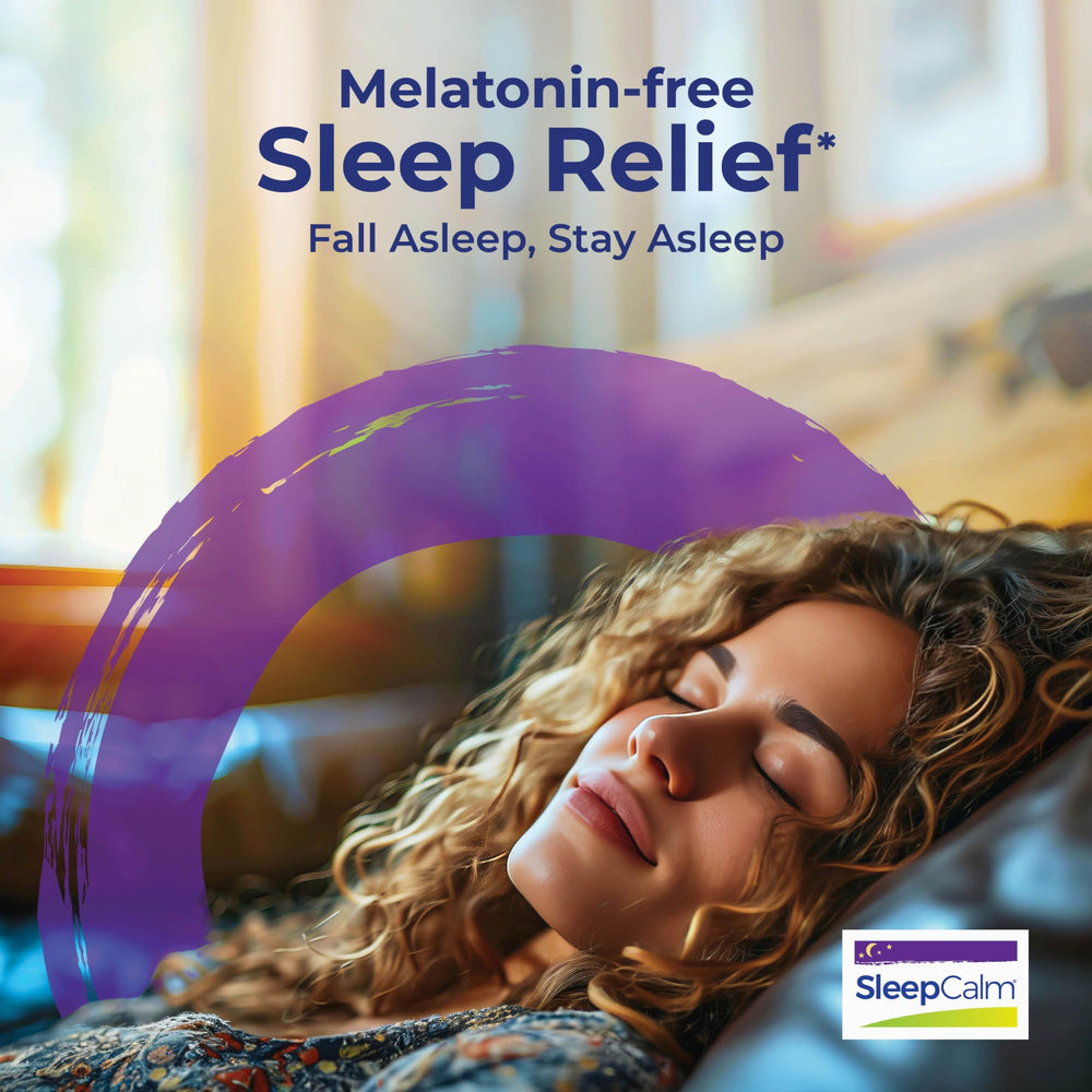 Meltaway SleepCalm tablets shown at bedtime