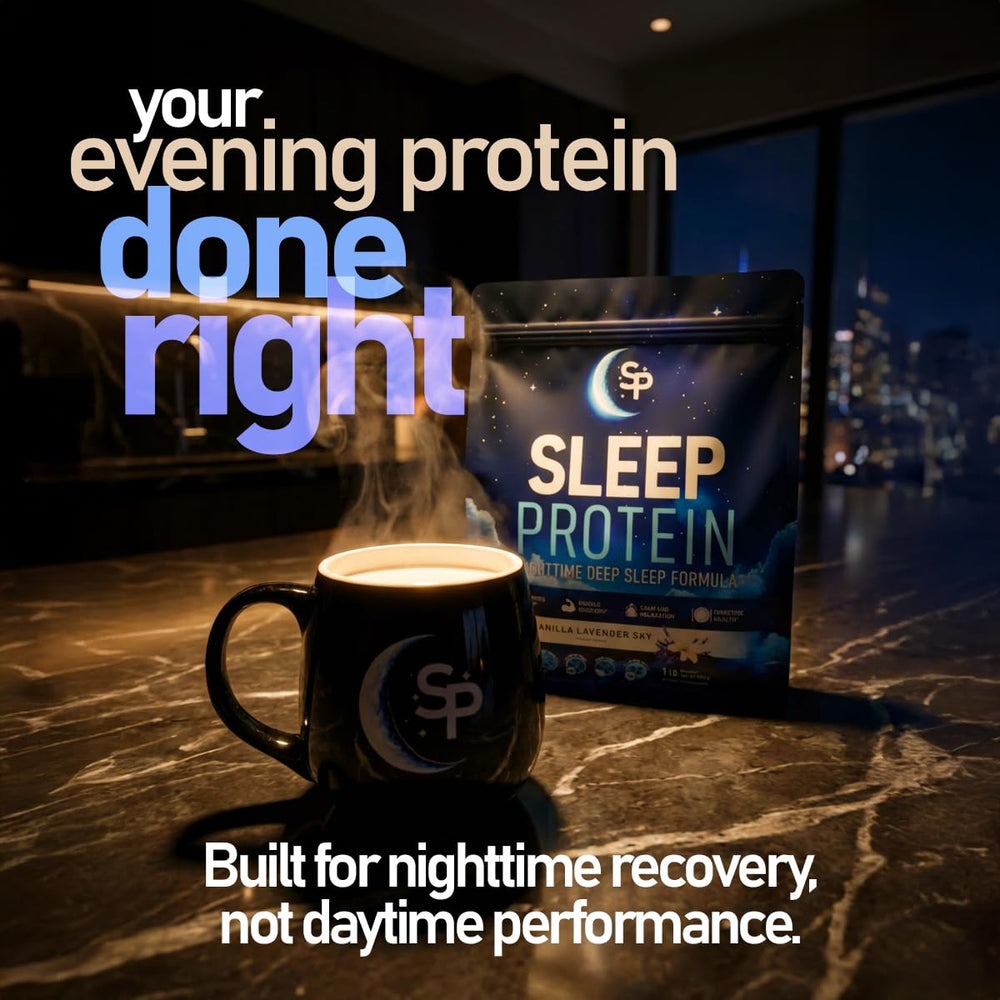 SleepProtein Nighttime Recovery Bottle Closeup emphasizes 20g protein fueling overnight repair.