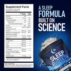 SleepProtein Zero sugar label closeup signals clean, non-GMO nighttime nutrition.