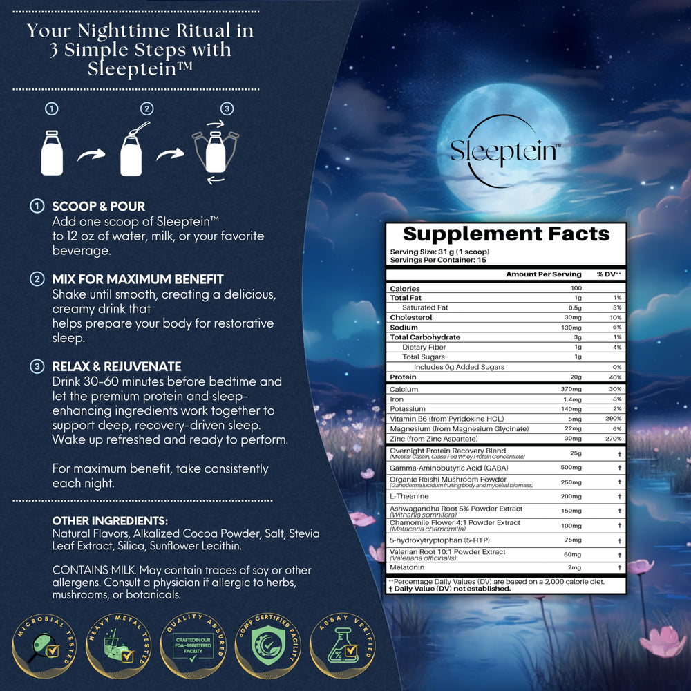Chamomile, valerian, 5-HTP, and melatonin in Sleeptein formula.