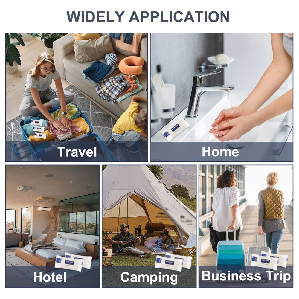 Close-up of wrapped toothbrushes and mini soaps