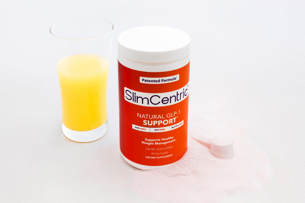 SlimCentric GLP-1 label close-up highlighting non-GMO and cruelty-free ethos.