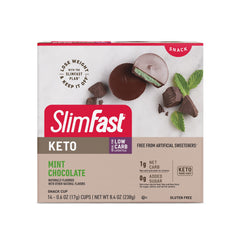 SlimFast Mint Chocolate Fat Bomb Snack Cup box showing keto-friendly indulgence on the go.