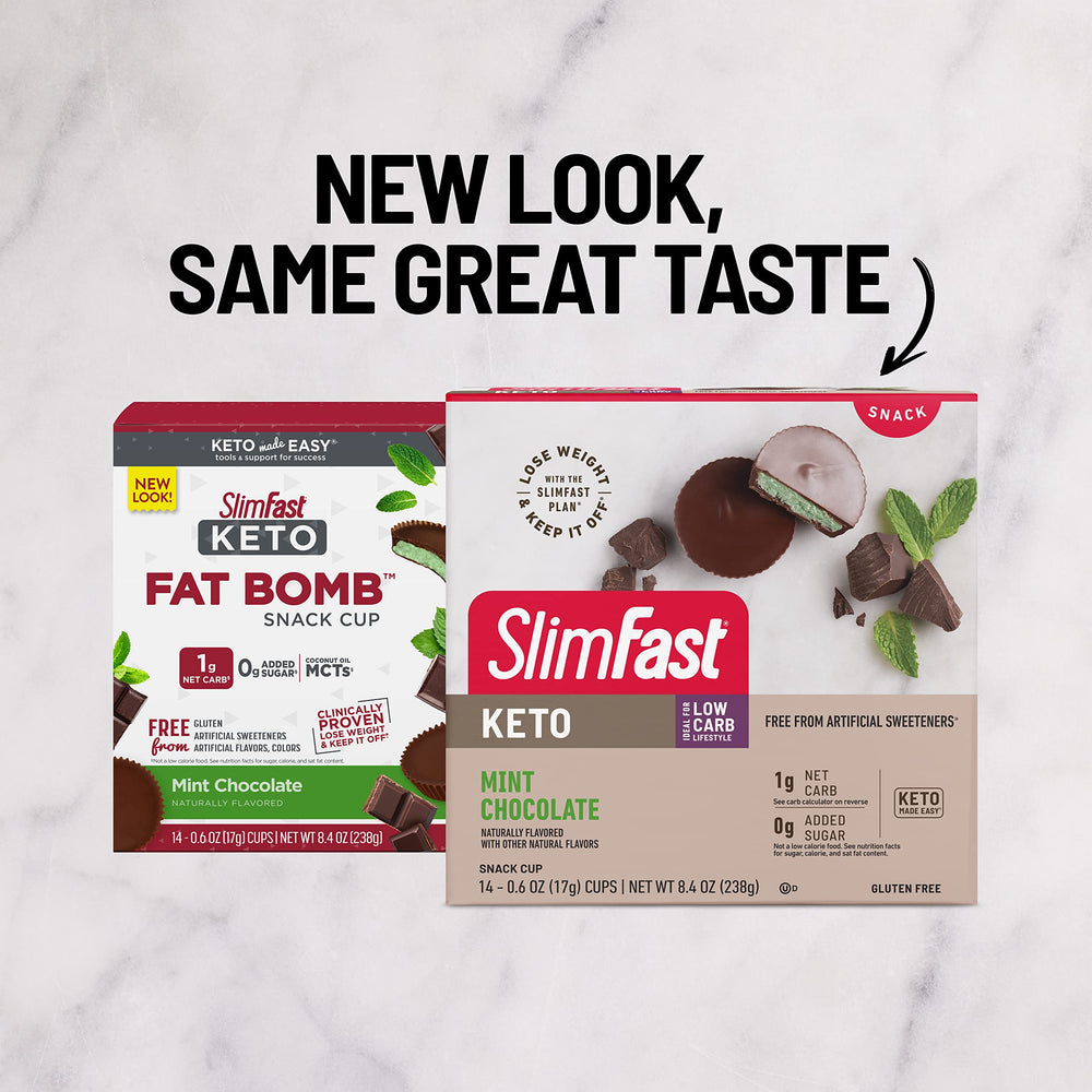 SlimFast Mint Chocolate Fat Bomb Snack Cup packaging detail emphasizes gluten free keto crafted.