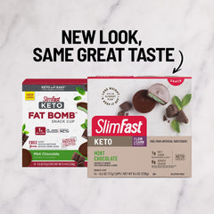 SlimFast Mint Chocolate Fat Bomb Snack Cup packaging detail emphasizes gluten free keto crafted.