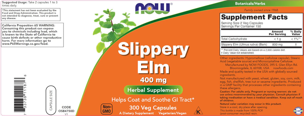 Close-up of Slippery Elm 400 mg capsules