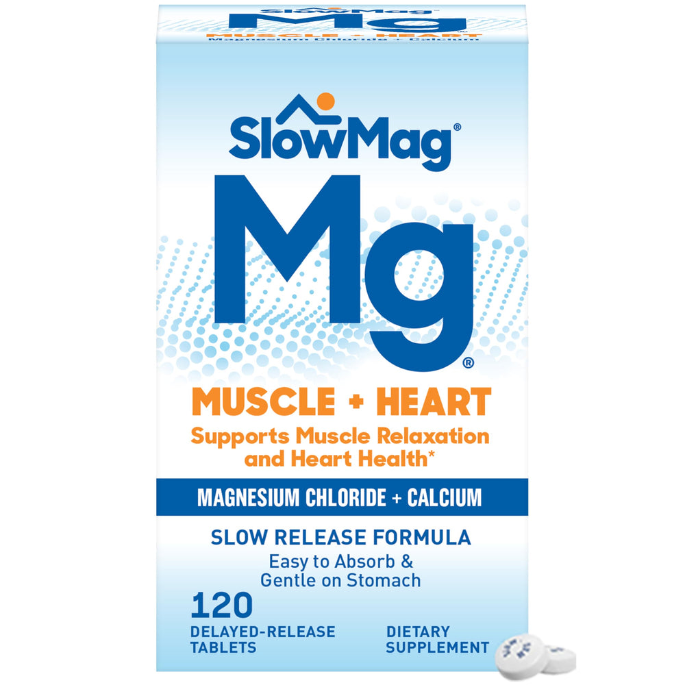 SlowMag Muscle + Heart magnesium chloride with calcium 120-count bottle