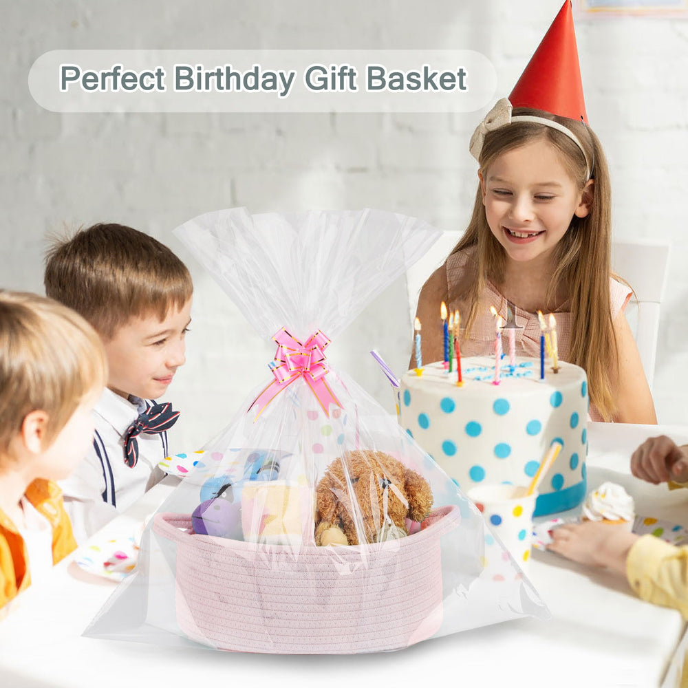 Gift basket wrapped with ribbons in multiple colors