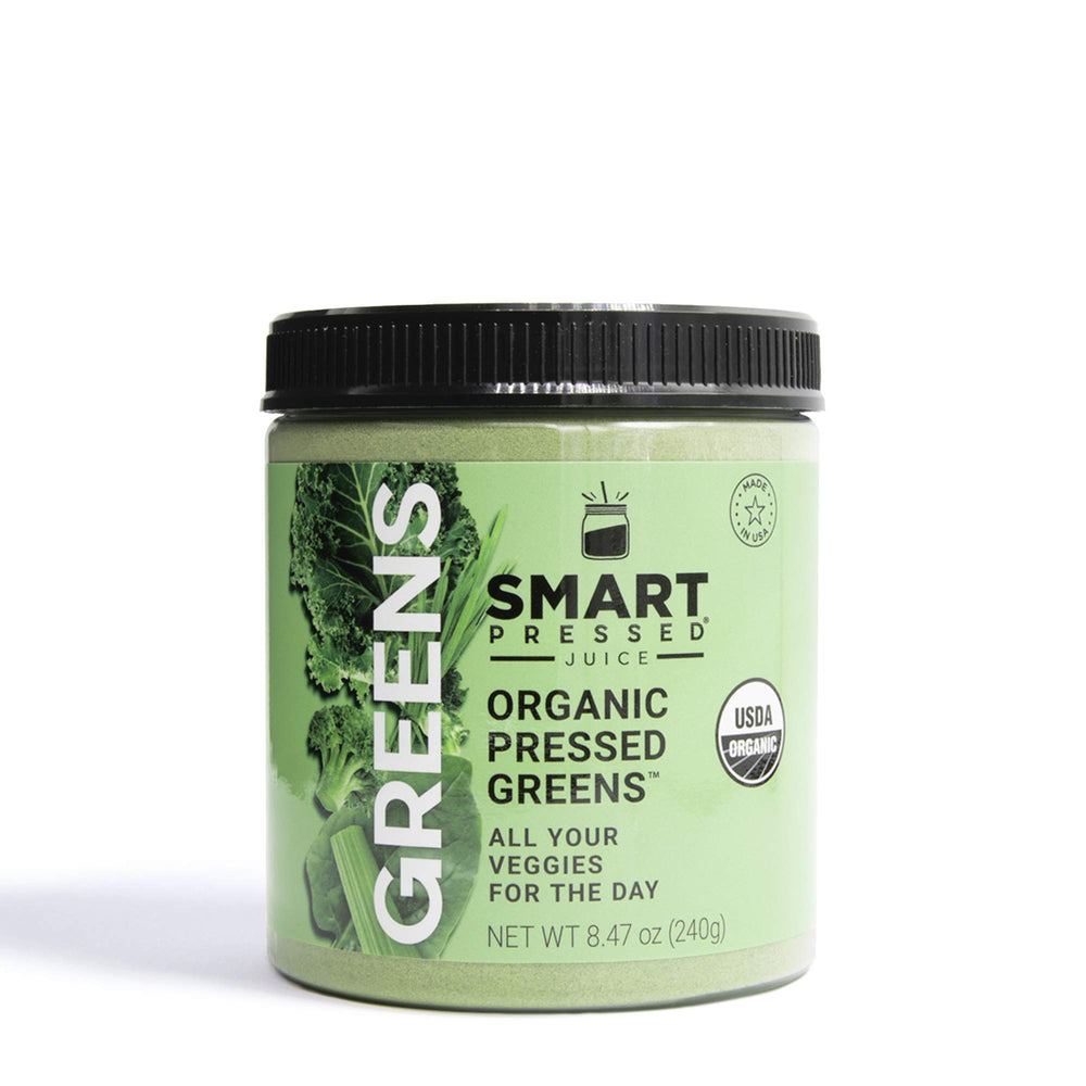 SMART Pressed Organic Greens Powder tub front for daily wellness