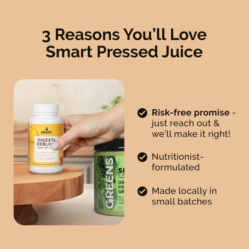SMART Pressed bottle beside a meal illustrating use at mealtime to reduce bloating