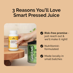 SMART Pressed bottle beside a meal illustrating use at mealtime to reduce bloating