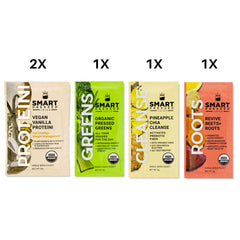 SMART Pressed Vanilla Protein scoop beside bottle highlights plant-based protein option