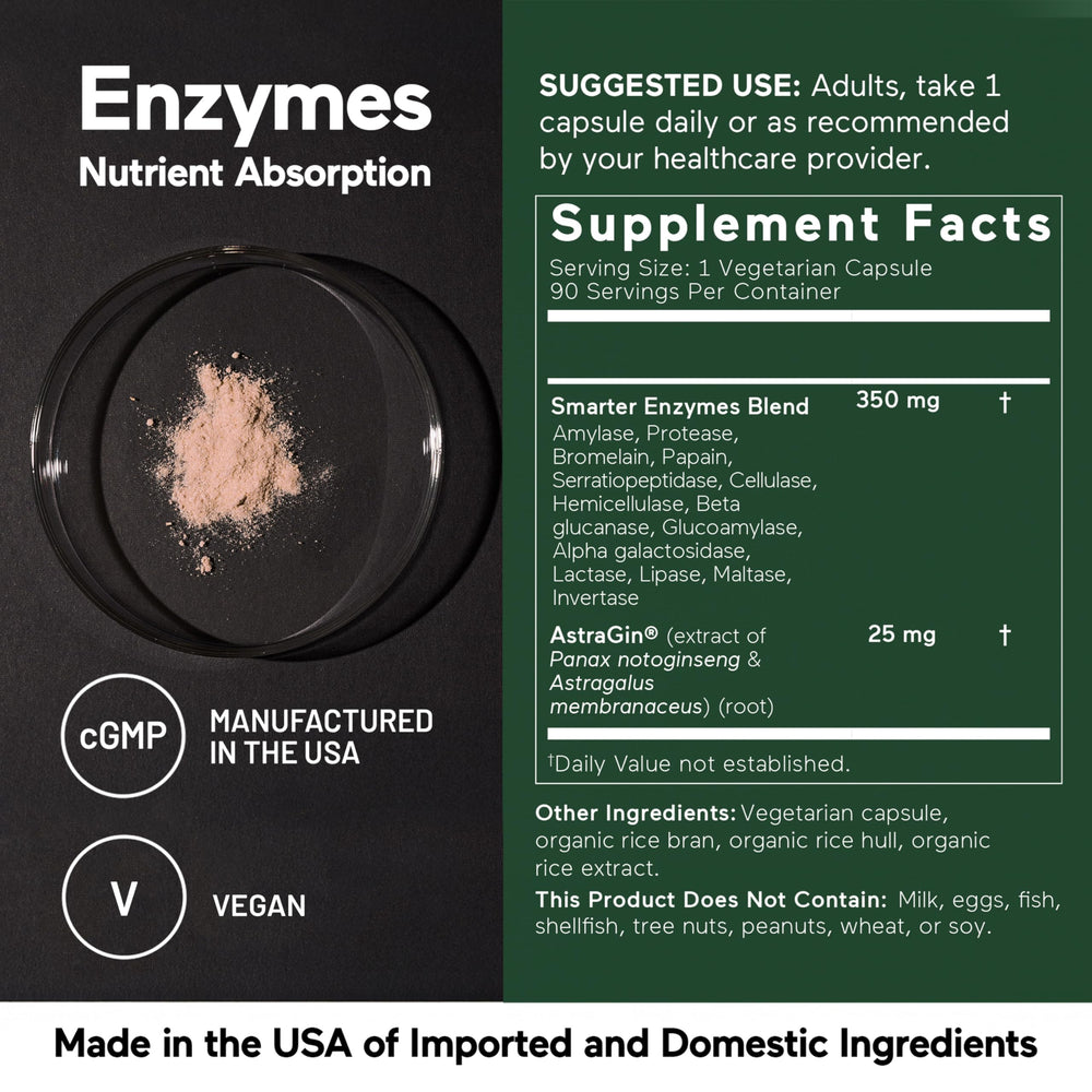 Non-GMO, gluten-free vegan enzyme supplement icons