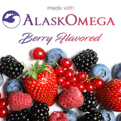 Berry-flavored burpless Omega-3 softgels in bottle.