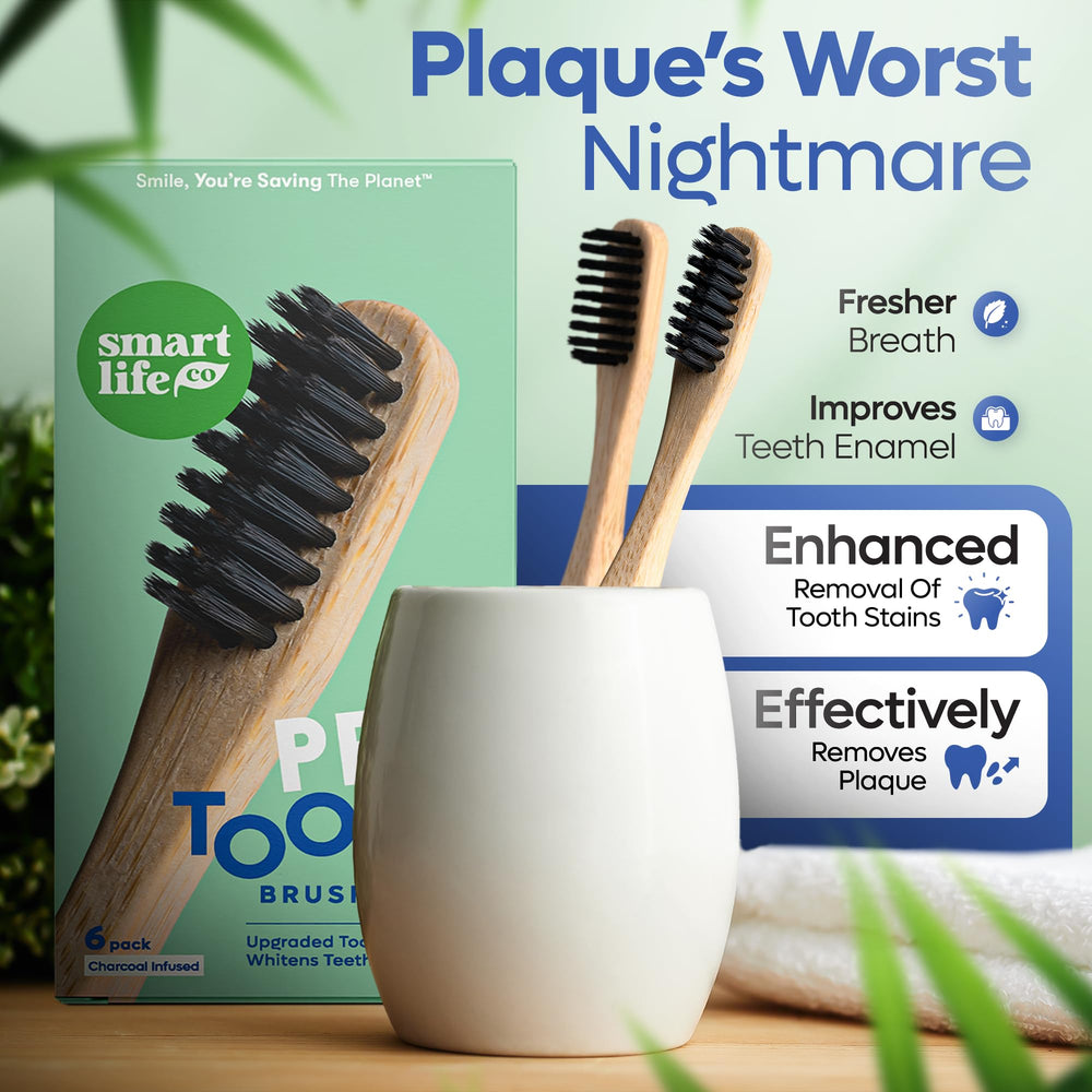 Six-pack wooden toothbrushes neatly arranged