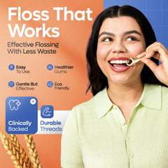 Straw-wheat blend floss material shown on a floss pick