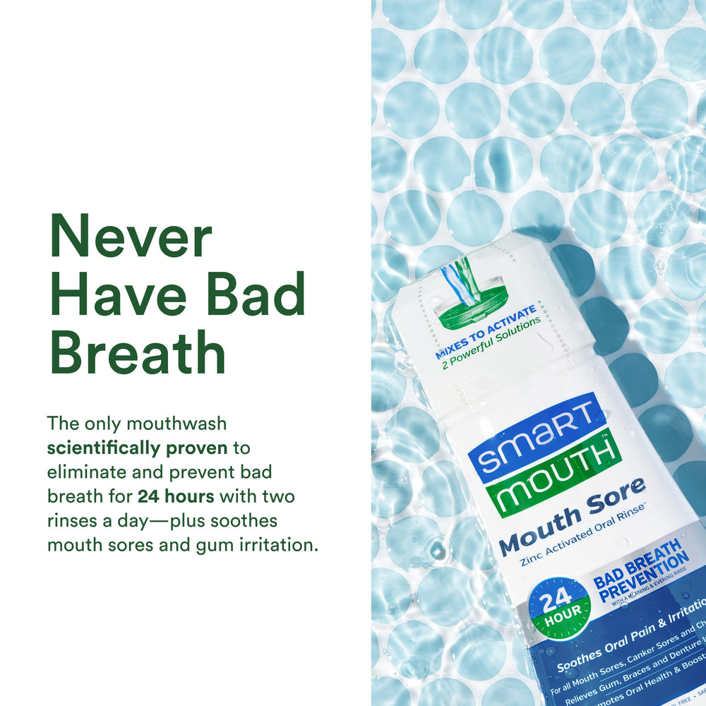 Label of SmartMouth Mouth Sore Zinc Activated Oral Rinse