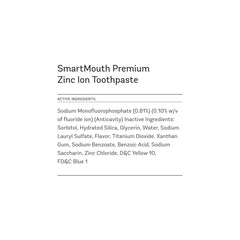 Close-up of SmartMouth toothpaste label showing fluoride and whitening