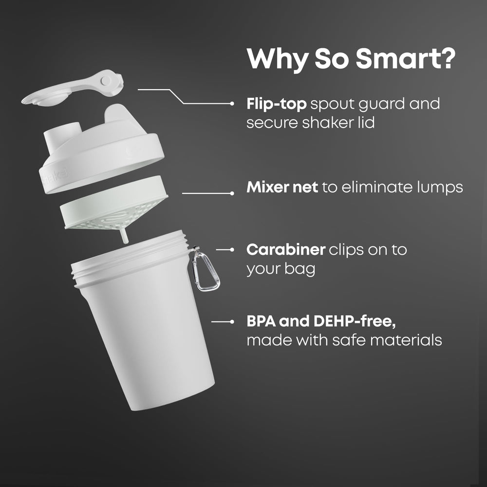 Smartshake mixer-net snaps into place for a smooth, lump-free shake