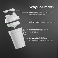 Smartshake mixer-net snaps into place for a smooth, lump-free shake
