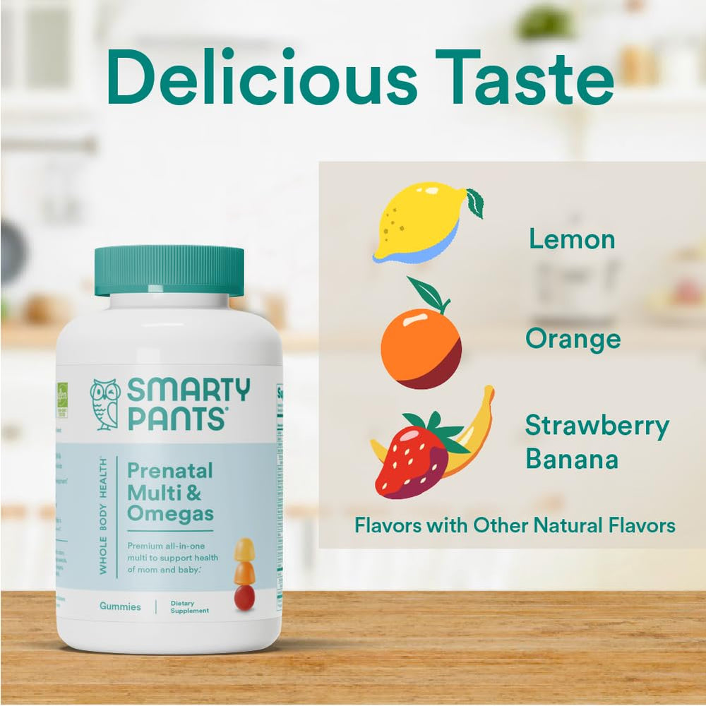 Assorted lemon, orange, strawberry-banana fruits with SmartyPants gummies for flavor variety