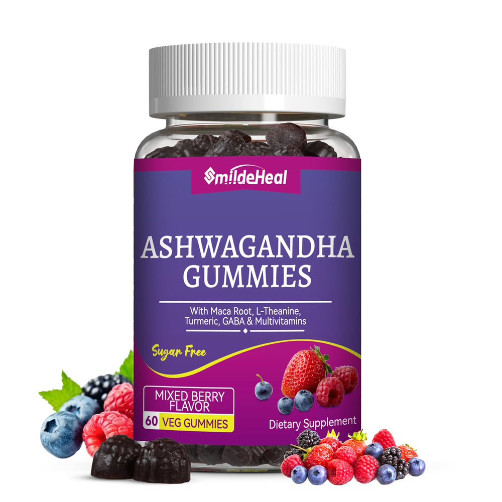 Bottle of SmildeHeal Ashwagandha Gummies with mixed berry flavor