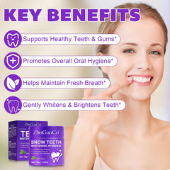 Smiling customer using whitening powder