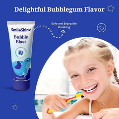 Child brushing teeth with SmiloShine Bubble Gum toothpaste
