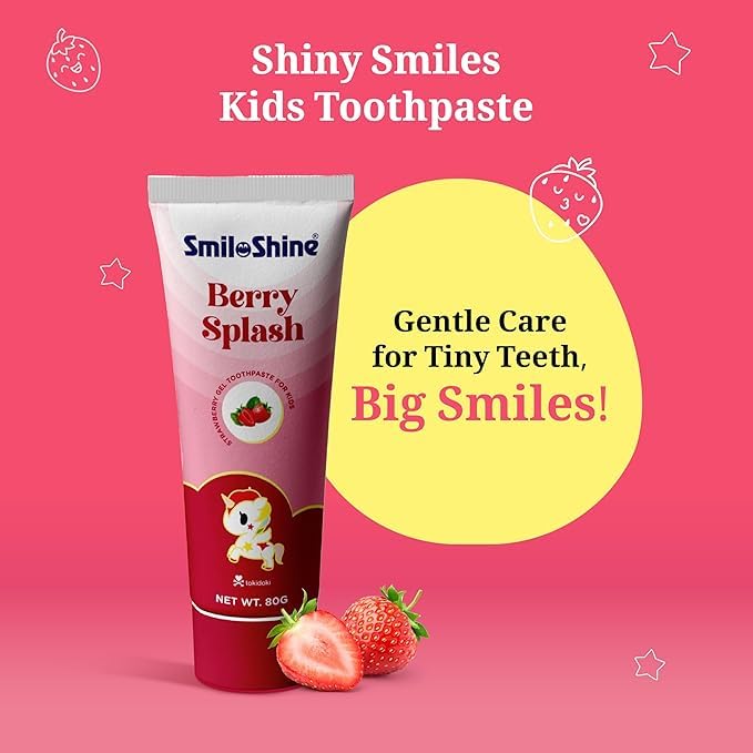 Child brushing teeth with SmiloShine Strawberry toothpaste