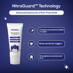 Close-up of SmiloShine Sensitivity Toothpaste tube with Nitraguard Technology label